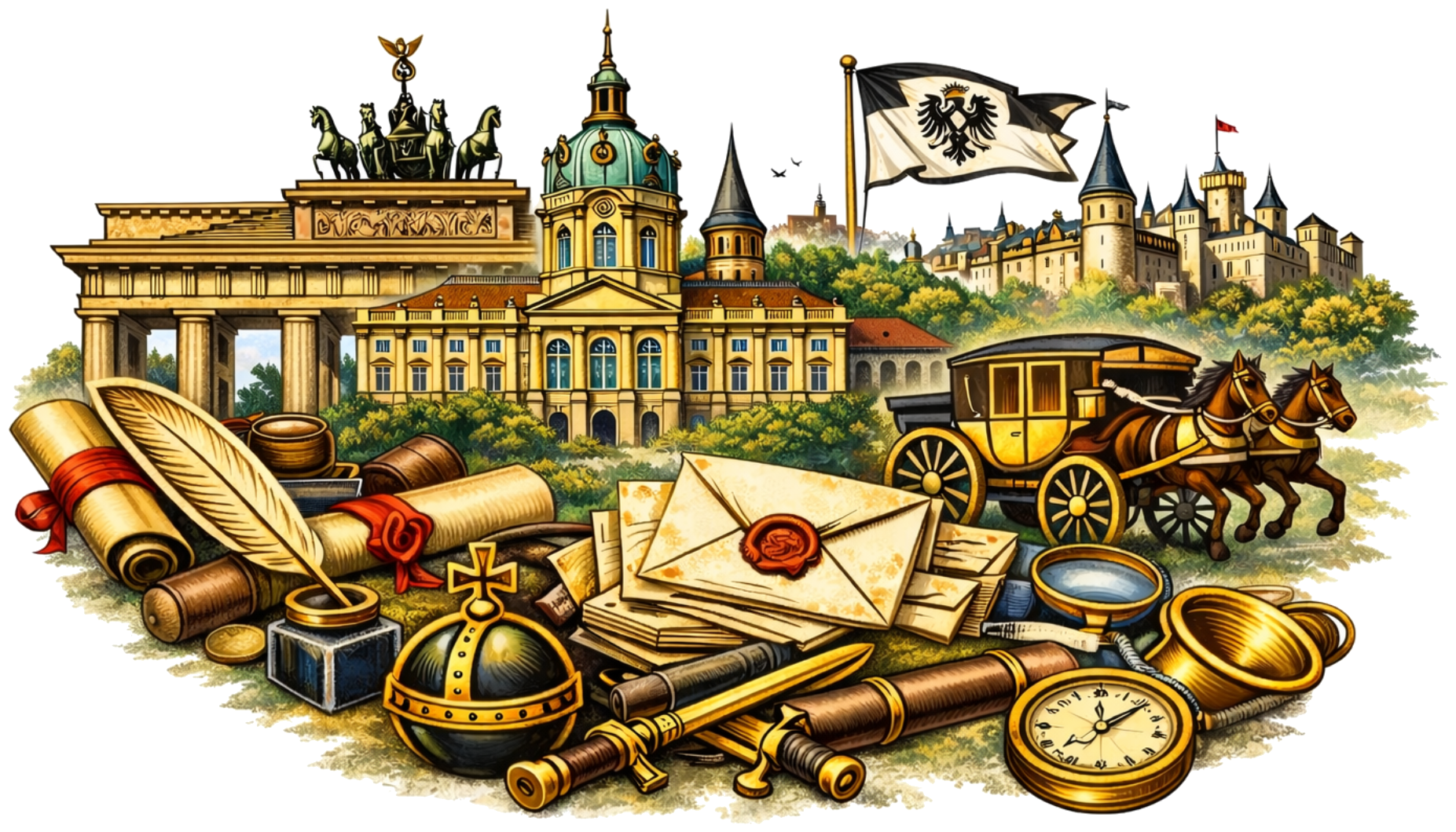 Historische Illustration zu Preußen, Postwesen und staatlichen Symbolen