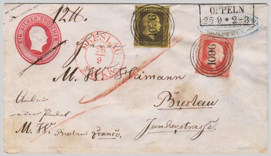 Paketbegleitbrief von Oppeln nach Breslau mit 1-Sgr.-Ganzsachenumschlag U11 und Zusatzfrankatur zu insgesamt 4½ Sgr. für ein 12-Pfund-Paket.