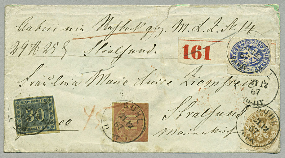 Paketbegleitbrief von Suhl nach Stralsund mit seltener 45-Sgr.-Buntfrankatur aus Werten der 4. und 5. Ausgabe, aufgegeben am 21. Dezember 1867.