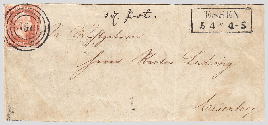 Historisches Streifband von Essen nach Eisenberg mit einer ½-Silbergroschen-Freimarke Preußen, entwertet mit dem Nummernstempel 396 und Ortsaufgabestempel Essen.