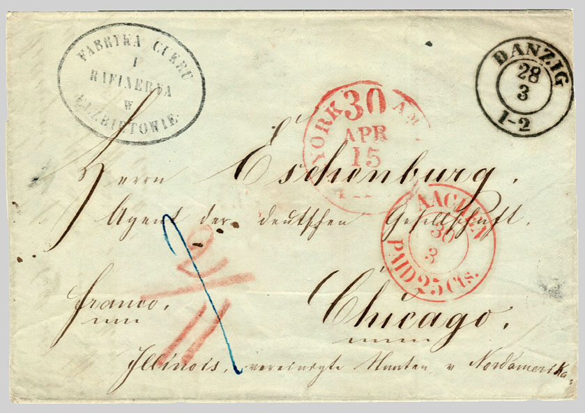 Markenloser Frankobrief aus Elzbietow nach Chicago, im März 1857 auf privatem Wege nach Danzig gebracht und dort bar frankiert aufgegeben.