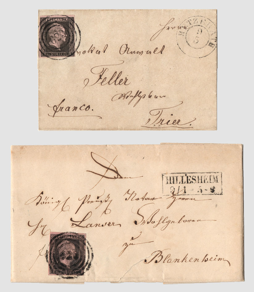 Zwei seltene Eifelbriefe aus Hillesheim und Hetzerath, beide mit einer 1-Sgr.-Marke der 1. Ausgabe frankiert und innerhalb kurzer Entfernungen befördert.