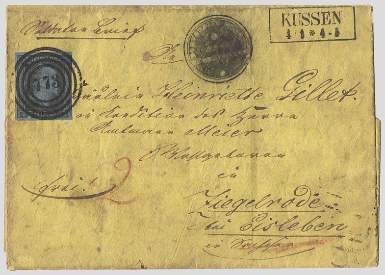 Soldatenbrief von Kussen nach Ziegelroda aus dem Jahr 1851, frankiert mit einer 2-Sgr.-Marke der 1. Ausgabe und entwertet mit dem Nummernstempel „773“.