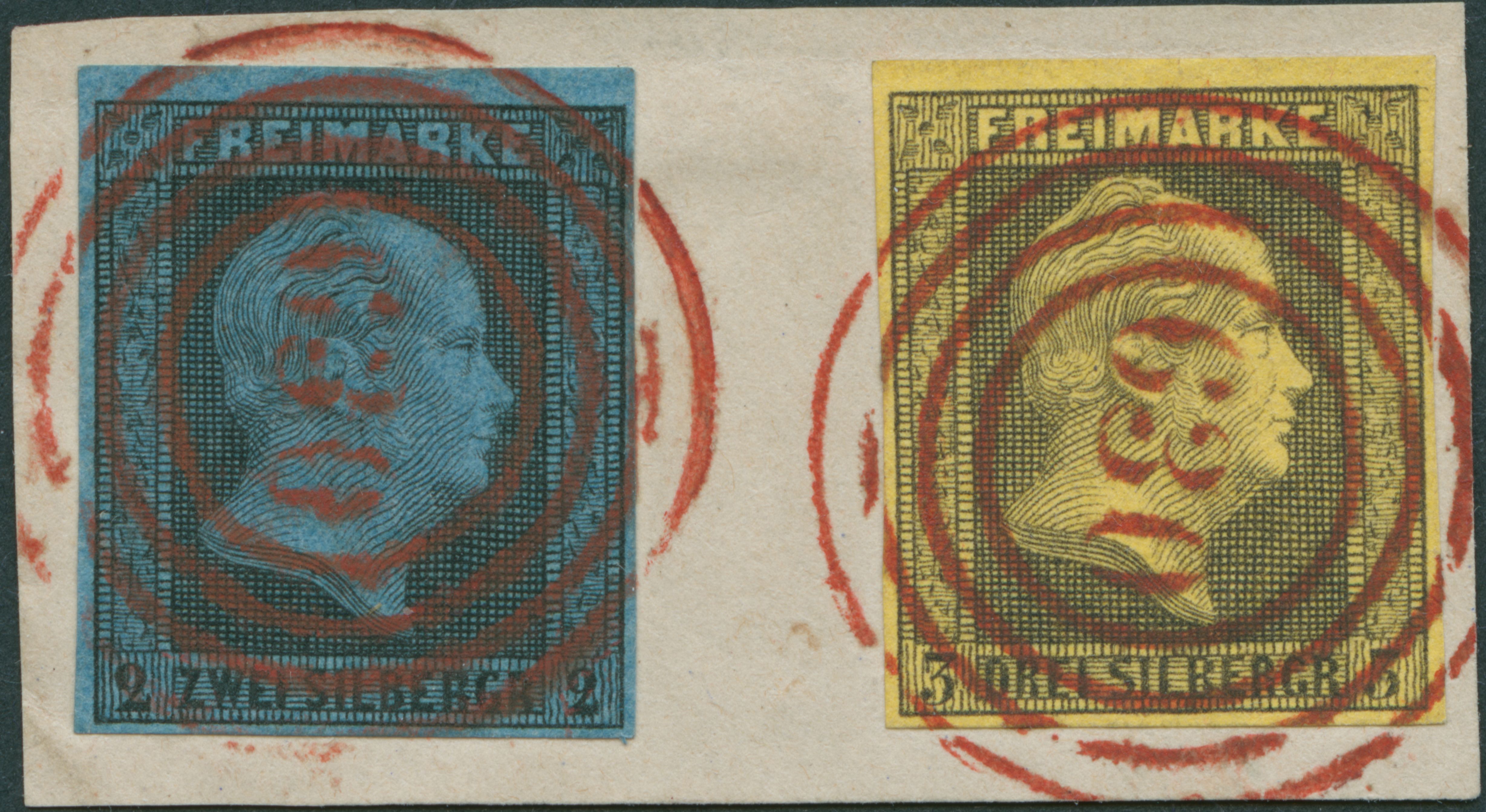 Hirschberg (Stempelnummer 630) in rot auf Briefstück mit Michelnummer 3 und 4