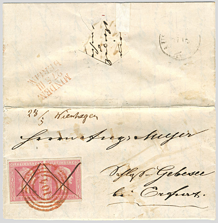 Brief von Nienhagen nach Schloss Gebesee mit waagerechtem Paar der 1-Sgr.-Marke und auffälliger roter Entwertung durch den Nummernstempel „104“.