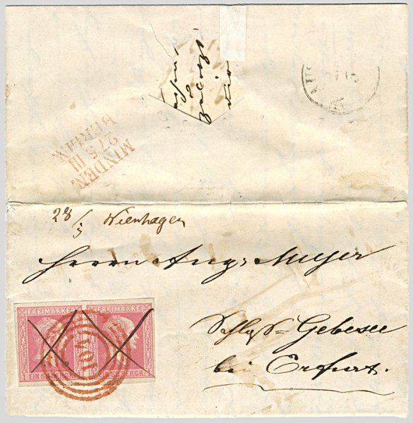 Brief von Nienhagen nach Schloss Gebesee mit waagerechtem Paar der 1-Sgr.-Marke und auffälliger roter Entwertung durch den Nummernstempel „104“.
