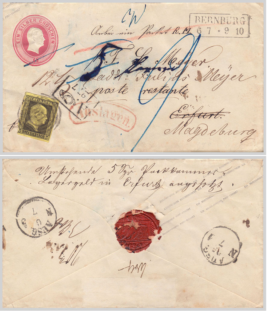 Paketbegleitbrief von Bernburg über Erfurt nach Magdeburg mit Nachsendung, Lagergeld und zusätzlicher Fahrposttaxe.