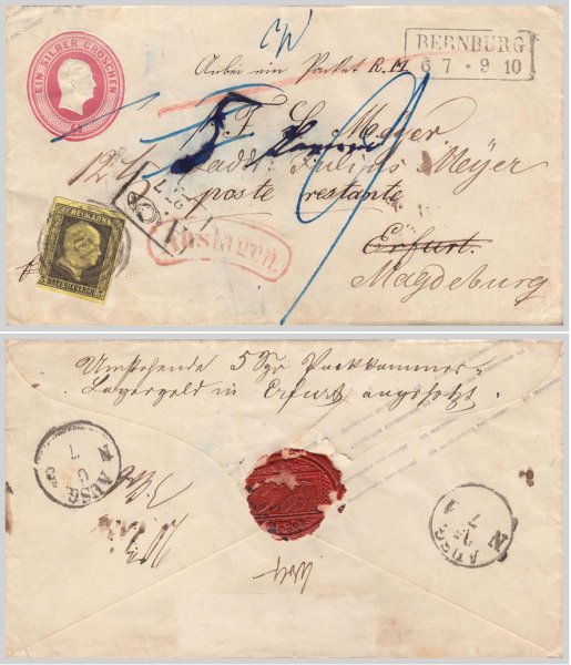 Paketbegleitbrief von Bernburg über Erfurt nach Magdeburg mit Nachsendung, Lagergeld und zusätzlicher Fahrposttaxe.