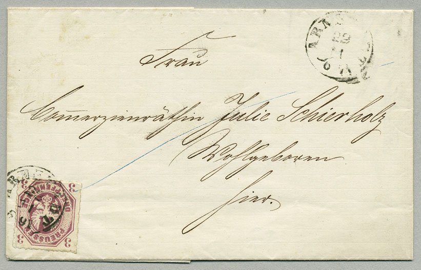 Ortsbrief aus Arnstadt von 1867 mit kopfstehender lila 3-Pf.-Marke (Mi.Nr. 19a) und entwertet mit dem weiterverwendeten Thurn-und-Taxis-Einkreisstempel.